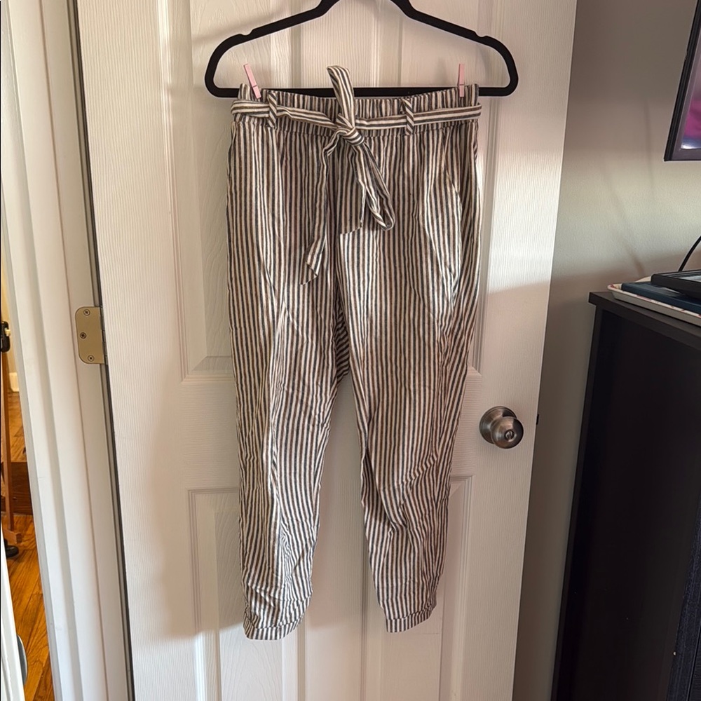 Striped blue and brown paper bag style pants